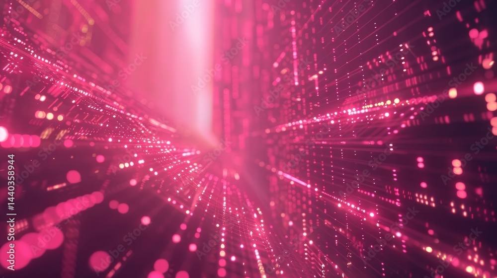 Poster explore a captivating abstract virtual space filled with luminous moving dots and pixels, creating a