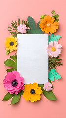 White blank paper surrounded by paper colorful flowers isolated on background