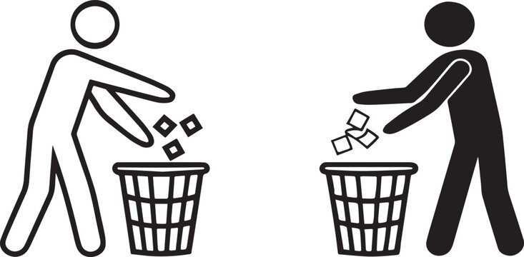 Two stick figures trush.Man Recycling Black and White Icon with Long Shadow
