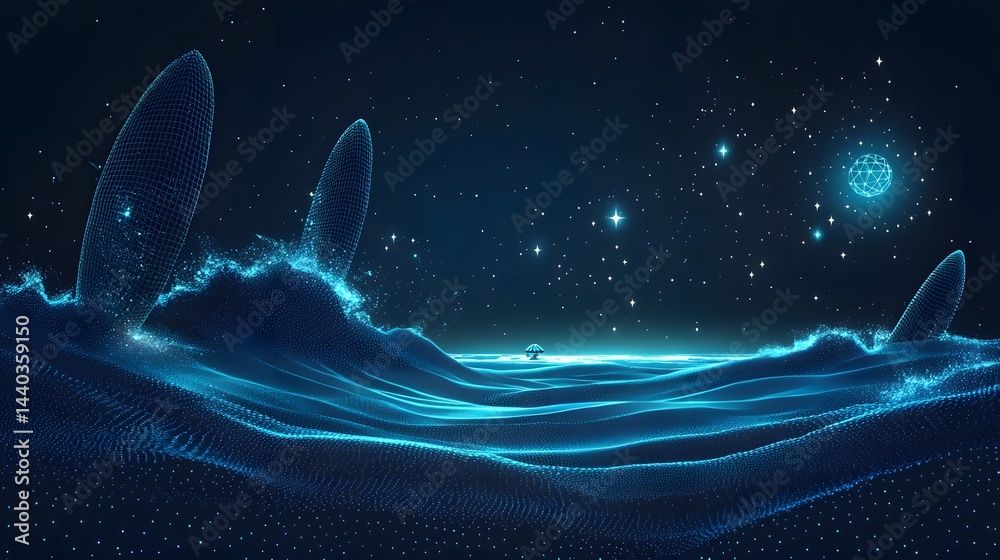 Aufkleber a surreal digital landscape evokes dreams with blue mesh waves and oval shapes. distant lights and s
