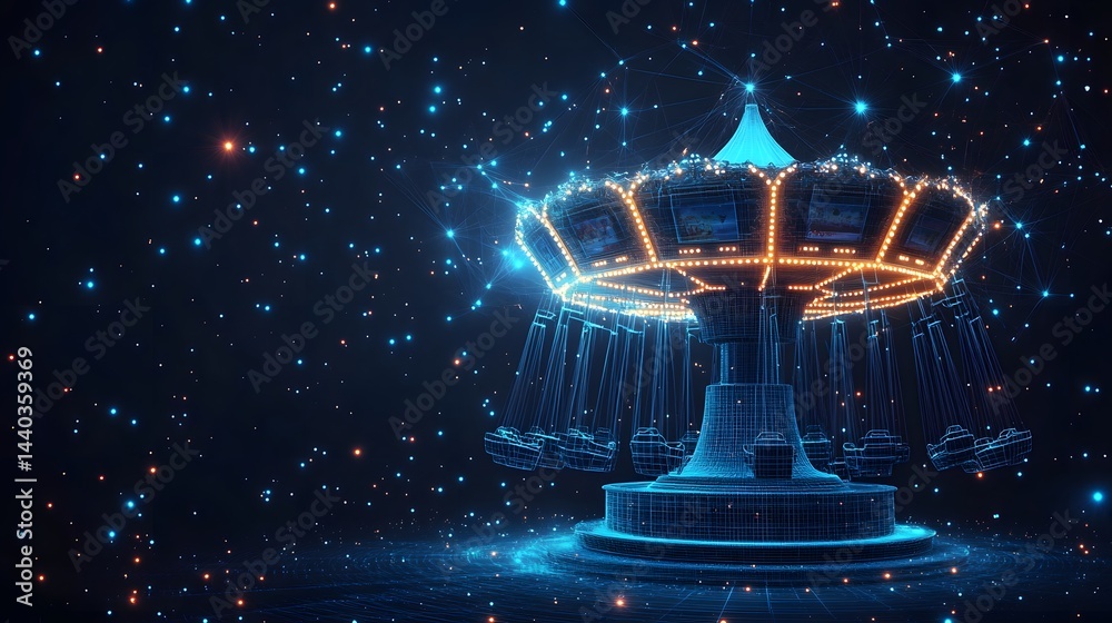 Aufkleber Futuristic swing carousel under a starry night. Wireframe design with glowing lines, blending fairground fun with technology. Great for entertainment concepts. Abstract wireframe in dark blue