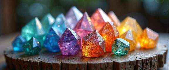Sparkling Rainbow Gemstones on Rustic Wood Colorful Crystal Collection