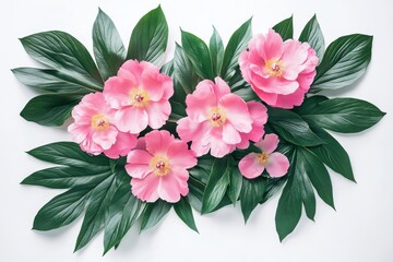 Obraz premium Pink peonies, lush floral arrangement, vibrant petals, delicate blooms, botanical illustration, white background,