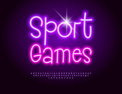 Vector Activity banner Sport Games. Funny Neon Font. Glowing Alphabet Letters and Numbers set.