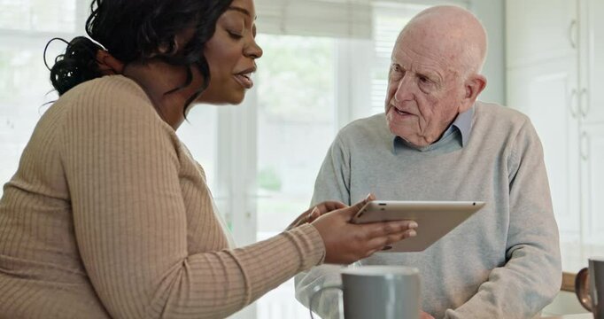 Home, woman and old man with tablet, internet and social media with typing, connection and teaching. Pensioner, senior guy and person with tech, online reading and network with app or caregiver