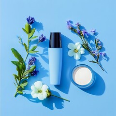 Blue skincare products with flowers. (1)