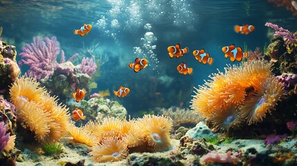 Obraz premium A colorful coral underwater reef filled with bubble tip anemones swaying gently in the tide as clownfish dart in and out in a lively underwater dance cut out on isolated transparent removed background