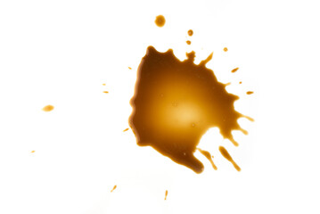 Spilled espresso coffee, stains isolated on white background