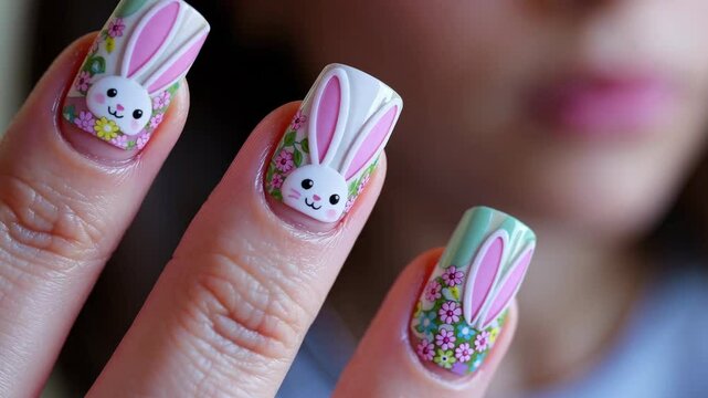 Colorful easter bunny nail art with intricate designs on fingertips