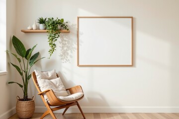 Fototapeta premium Cozy Modern Living Room Corner with Blank Wall and Green Plants