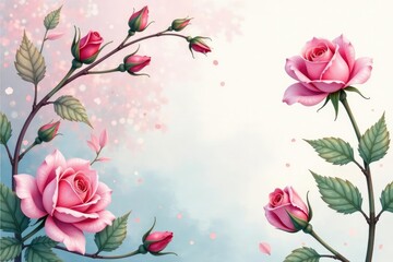 Delicate watercolor rosebuds in pastel hues, swirling vines , blue, watercolor