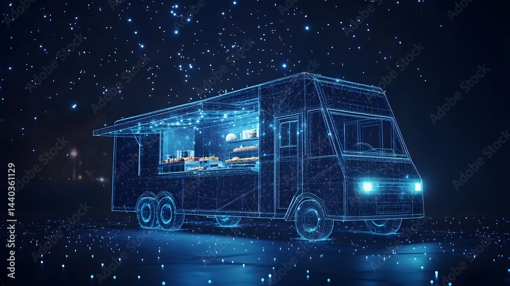 Poster futuristic food truck concept art displayed as a holographic projection. the starry night background
