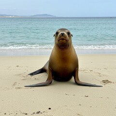 Obraz premium Sea Lion Posing Playfully on Coastal Sand Background