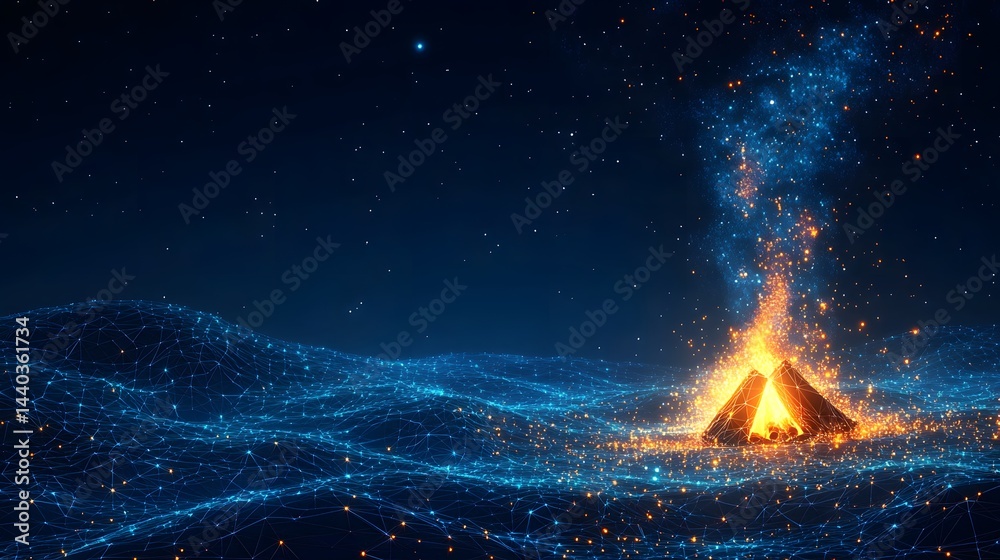 Aufkleber stylized campfire glows beneath a starry night sky. terrain resembles an interconnected network with