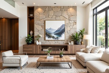 Modern Living Room with Stone Wall and Mountain Artwork
