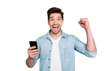 Photo of casual brunette haired crazy ecstatic overjoyed man rejoicing when having known of being...