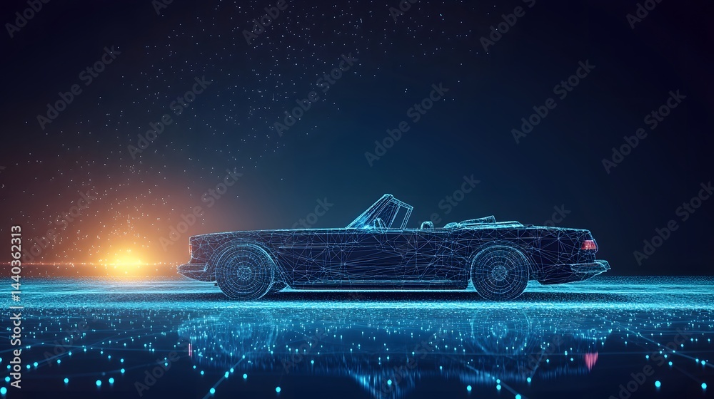 Poster Futuristic convertible car rendered in a digital wireframe style against a dark blue, network-patterned background. Orange light source adds contrast. Abstract wireframe in dark blue