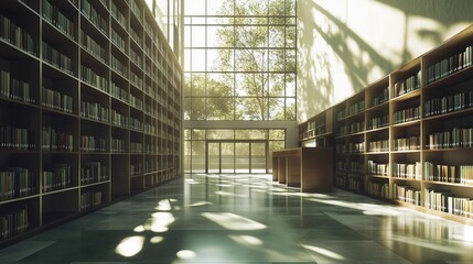 An empty library with tall glass windows, modern architecture, wooden bookshelves on the left and right sides of an open space