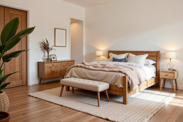 Fototapeta premium Cozy Modern Bedroom with Natural Wood Furniture and Soft Textiles