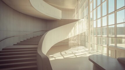 Stairs in the interior of an art museum, with light beige and white colors, curved walls, glass windows, and natural daylight