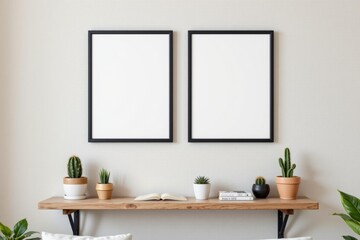 Minimalist interior design with blank frames and potted plants