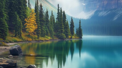 A serene mountain lake surrounded by pine trees, reflecting the surrounding mountains and sky in shades of blue and green