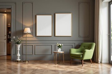 Fototapeta premium Stylish living room interior with empty frames and green furniture