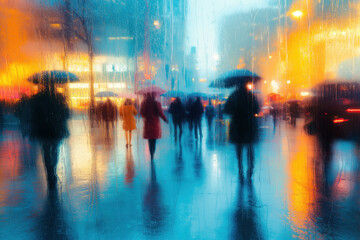 Busy city street during heavy rain, people with umbrellas, wet reflections, city mood. Flood, disaster, natural disaster