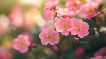  Pink wild roses in full bloom, soft-focus photography