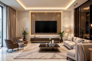 Modern Elegant Living Room with TV, Cozy Furniture and Stylish Decor