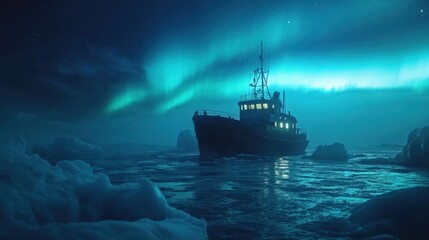 Fototapeta premium Ship cruising through icy waters under glowing northern lights in arctic night