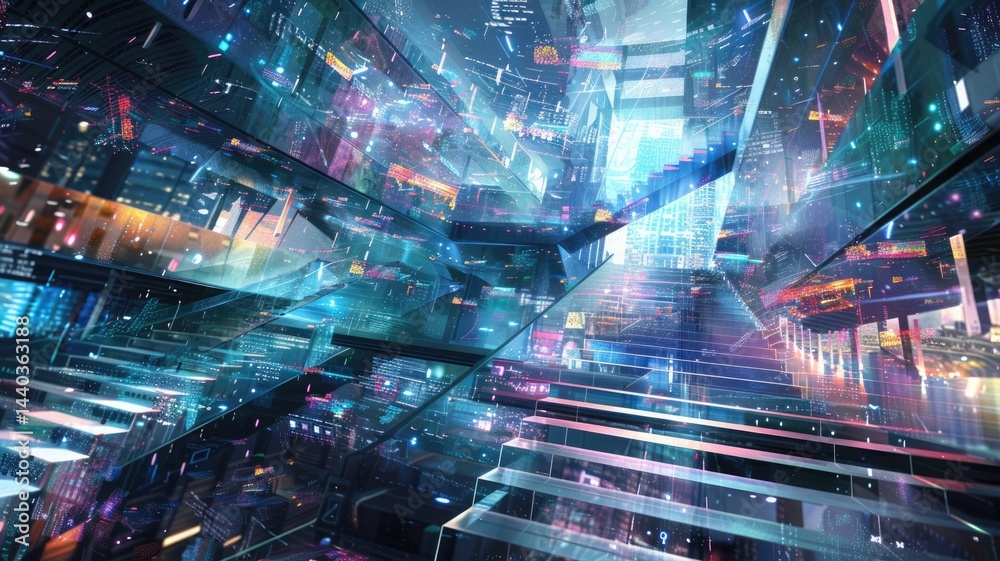 Poster abstract digital shape and particle technological cyber style design connecting become system shape 