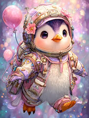 Astronaut Penguin.  Generated image.  A cute penguin dressed in an astronaut suit is adorned with pink and floral accessories, holding a pink balloon.