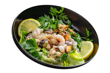 Seafood salad fruit de mer shrimp, mussels, squid, rapawn, prawn, green mixed leaf dish fresh food background on the table rustic food top view copy space keto paleo diet vegetarian pescetarian