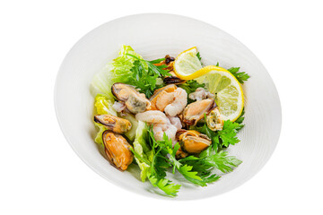 Seafood salad fruit de mer shrimp, mussels, squid, rapawn, prawn, green mixed leaf dish fresh food background on the table rustic food top view copy space keto paleo diet vegetarian pescetarian