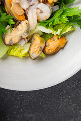 Seafood salad fruit de mer shrimp, mussels, squid, rapawn, prawn, green mixed leaf dish fresh food background on the table rustic food top view copy space keto paleo diet vegetarian pescetarian