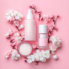 Pink beauty products with spring flowers. (2)