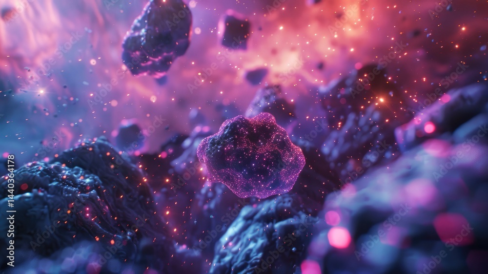 Poster abstract colorful meteorites with a glowing nebula background. abstract image of stone floating in t