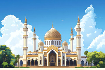 Majestic mosque with golden dome and minarets under a bright blue sky with fluffy clouds