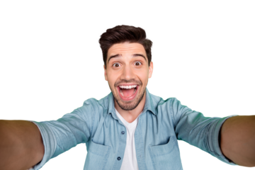 Self portrait of cheerful positive handsome man taking selfie having holidays on vacation relax fun isolated over green color vivid background