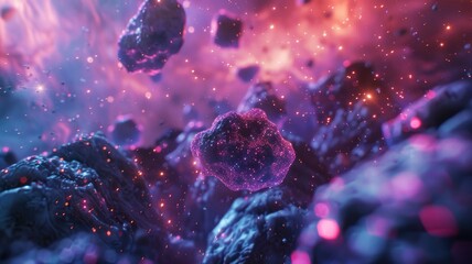 Fototapeta premium Abstract colorful meteorites with a glowing nebula background. Abstract image of stone floating in the space with glowing neon sky, planet and smoke. Digital artwork for design and print. AIG53.