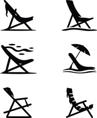 Beach Chair Silhouette Set | Summer Vacation Vector Collection Relaxing Beach Chair Silhouette | Holiday Travel Icons