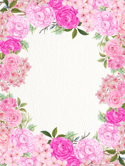 Sakura blossom pink rose, ranunculus, peonies flower blooming greetings card