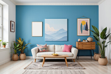 Cozy Living Room with Blue Accent Wall and Modern Decor Elements