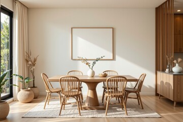Modern Minimalist Dining Room with Natural Wood Furniture and Decor