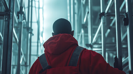Construction Worker in Red Jacket Facing Scaffolding
