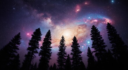 Fototapeta premium Silhouette trees night sky nebula galaxy cosmos