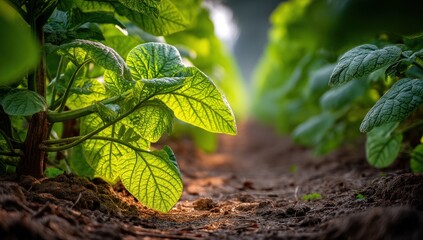 Sprouted plants growing in tilled soil on agricultural field in bright sunlight