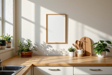 Bright and Minimalist Kitchen with Frame and Plants in Sunlight