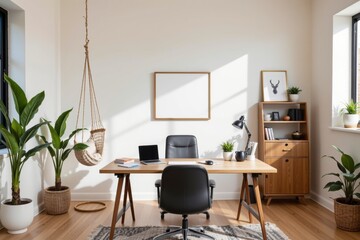 Cozy Modern Workspace with Plants and Natural Light in Minimalist Design